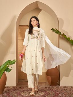 Stylum - Women's Cream Embroidered Straight Kurta Pant Dupatta Set