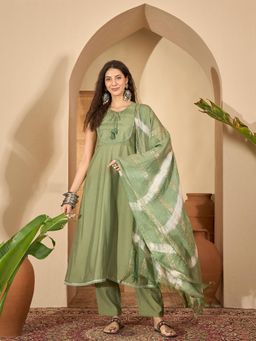 Stylum - Women's Green Embroidered Silk Blend A-Line Kurta Pant Dupatta Set