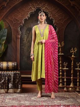 Stylum - Women's Green Bandhej Printed Embroidered A-Line Kurta Pant Dupatta Set