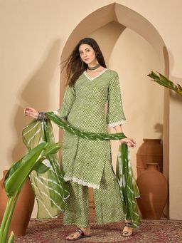 Stylum - Women's Green Leheriya Printed Rayon Straight Kurta Palazzo Dupatta Set
