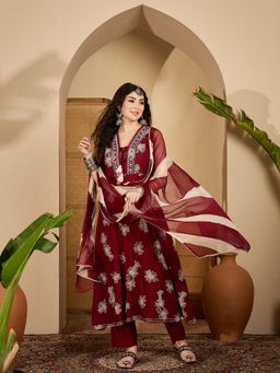 Stylum - Women's Maroon Floral Printed Rayon Flared Kurta Pant Dupatta Set