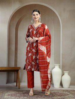 Stylum - Women's Maroon Floral Printed Roman Silk Straight Kurta Pant Dupatta Set
