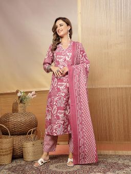 Stylum - Women's Mauve Floral Printed Cotton Blend Straight Kurta Pant Dupatta Set