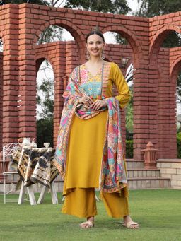 Stylum - Women's Mustard Solid Cotton A-Line Kurta Palazzo Dupatta Set