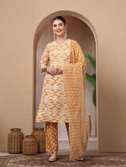 Stylum - Women's Mustard Ethnic Printed Cotton Straight Kurta Pant Dupatta Set