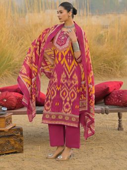 Stylum - Women's Pink Ikat Printed Cotton Straight Kurta Pant Dupatta Set