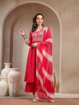 Stylum - Women's Pink Embroidered Crepe A-Line Kurta Palazzo Dupatta Set