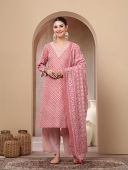 Stylum - Women's Pink Ethnic Motif Printed Straight Kurta Palazzo Dupatta Set