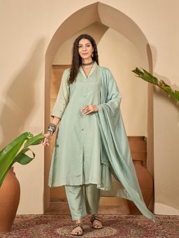 Stylum - Women's Pista Printed Silk Blend A-Line Kurta Pant Dupatta Set