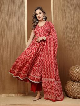 Stylum - Women's Floral Printed Cotton Anarkali Kurta Palazzo Dupatta Set