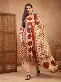 Stylum - Women's Red Printed Cotton A-Line Kurta Palazzo Dupatta Set