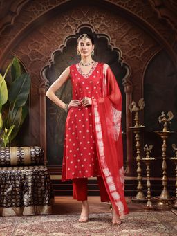 Stylum - Women's Red Floral Embroidered Rayon A-Line Kurta Pant Dupatta Set