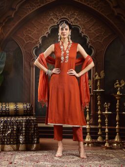 Stylum - Women's Rust Embroidered Crepe A-Line Kurta Pant Dupatta Set