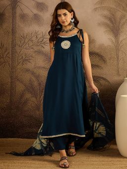Stylum - Women's Navy Blue Embroidered Crepe A-Line Kurta Pant Dupatta Set