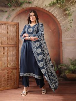 Stylum - Women's Teal Solid Cotton A-Line Kurta Palazzo Dupatta Set