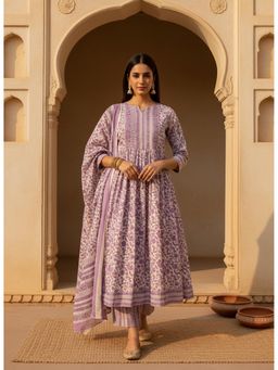 Stylum - Women's Purple Floral Printed Cotton Anarkali Kurta Pant Dupatta Set