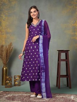Stylum - Women's Violet Floral Embroidered A-Line Kurta Pant Dupatta Set