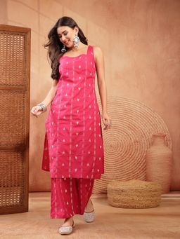 Stylum - Women's Pink Woven Design Cotton Straight Kurta Palazzo Set