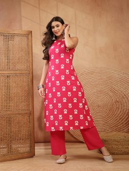 Stylum - Women's Pink Floral Printed Rayon A-Line Kurta Pant Set