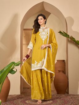 Stylum - Women's Mustard Embroidered Net Straight Kurti Sharara Dupatta Set