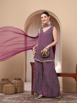 Stylum - Women's Violet Bandhej Printed Asymmetric Short Kurti Sharara Dupatta Set