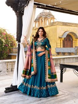 LooknBook Art - Vichitra Silk Teal Sequins Thread Embroidery Lehenga and Blouse with Dupatta