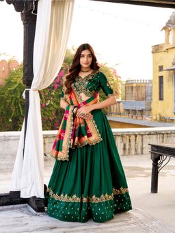 LooknBook Art - Vichitra Silk Green Sequins Thread Embroidery Lehenga and Blouse with Dupatta