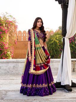 LooknBook Art - Vichitra Silk Purple Sequins Thread Embroidery Lehenga and Blouse with Dupatta