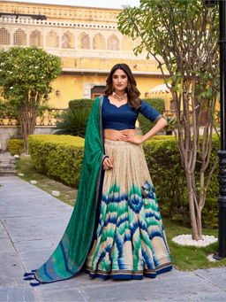 LooknBook Art - Taser Silk Tie-Dye Print Navy Blue Lehenga and Blouse with Dupatta