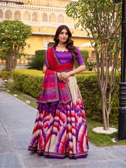 LooknBook Art - Taser Silk Tie-Dye Purple Print Lehenga and Blouse with Dupatta