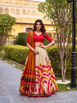LooknBook Art - Taser Silk Tie-Dye Print Red Lehenga and Blouse with Dupatta