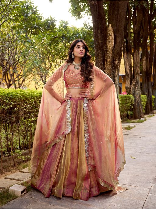 LooknBook Art Carika Silk Pink Sequins Thread Embroidery Lehenga and Blouse with Dupatta