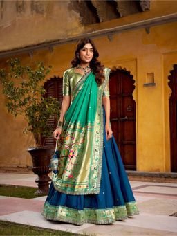 LooknBook Art - Silk Zari Navy Blue Thread Embroidery Lehenga and Blouse with Dupatta and Batwa