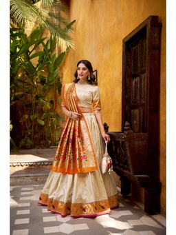 LooknBook Art - Pathani Silk Zari Work Off White Designer Lehenga and Blouse with Dupatta Batwa