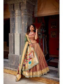 LooknBook Art - Organza Zari Woven Brown Designer Border Lehenga and Blouse with Dupatta Batwa