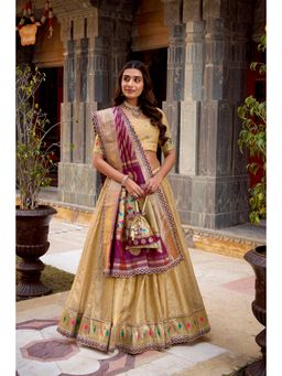 LooknBook Art - Organza Zari Woven Cream Designer Border Lehenga and Blouse with Dupatta Batwa