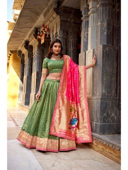 LooknBook Art - Organza Zari Woven Green Designer Border Lehenga and Blouse with Dupatta Batwa