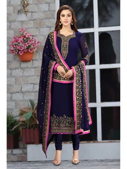Trendmalls - Blue Georgette Floral Embroidered Kurta and Churidar with Dupatta