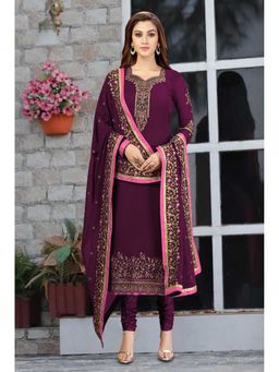 Trendmalls - Purple Georgette Floral Embroidered Kurta and Churidar with Dupatta