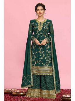 Trendmalls - Green Georgette Floral Embroidered Kurta and Sharara with Dupatta