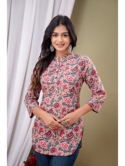 A&K - Beige Floral Print Mandarin Collar Cotton Tunic