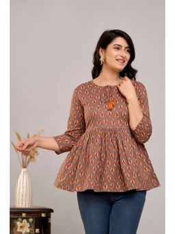 A&K - Brown Floral Print Tie-Up Neck Cotton Peplum Tunic