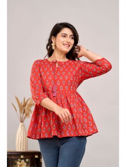 A&K - Red Floral Print Tie-Up Neck Cotton Peplum Tunic