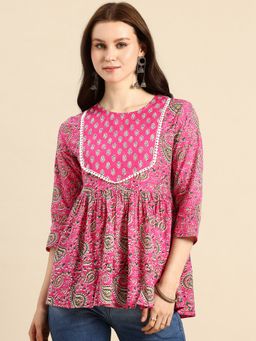 A&K - Pink Pure Cotton Paisley Print Peplum Tunic