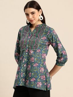 A&K - Blue Floral Print Mandarin Collar Pure Cotton Tunic