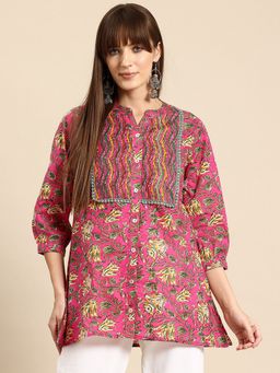A&K - Pink Floral Print Mandarin Collar Pure Cotton Tunic