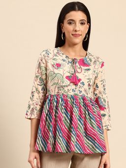 A&K - Pink Floral Print Tie-Up Neck Cotton Peplum Tunic