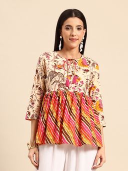 A&K - Orange Floral Print Tie-Up Neck Cotton Peplum Tunic