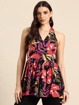 A&K - Black Floral Print Peplum Tunic