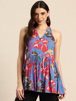 A&K - Blue Floral Print Peplum Tunic